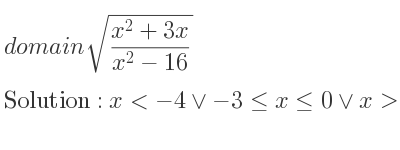 The domain of sqrt((x^2+3x)/(x^2-16)) is x<-4\lor-3<= x<= 0\lor x>4